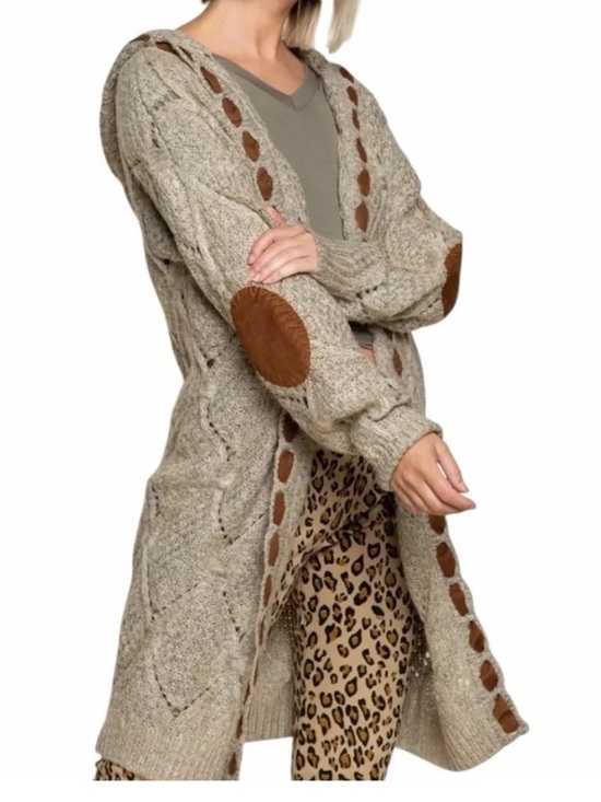 POL Sweaters - POL Gray Chunky Knit Open Cardigan Sweater with Brown Trim, size Large
